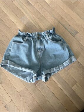 Showpo Light Blue High-Rise Paperbag Denim Shorts